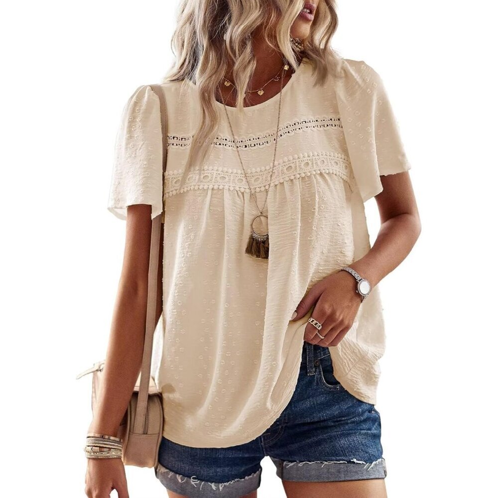 Womens Summer Tops Cotton Short Sleeve Casual Blouses Boho Shirts
